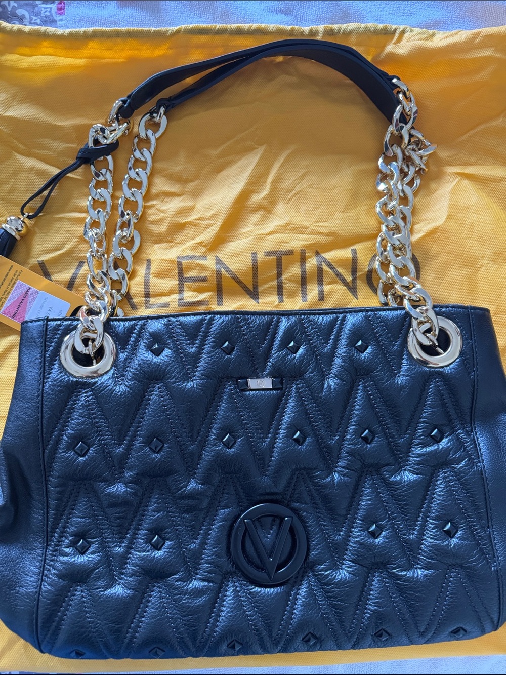 Valentino Black Quilted Leather Shoulder Bag with Gold Chains